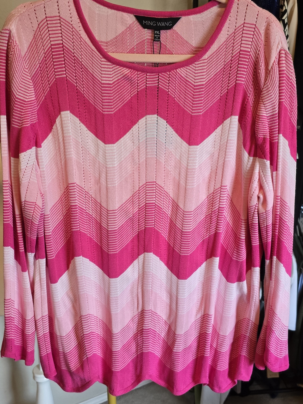 Ming Wang Pink Pointelle Chevron Knit Long-Sleeve Top Petite XL